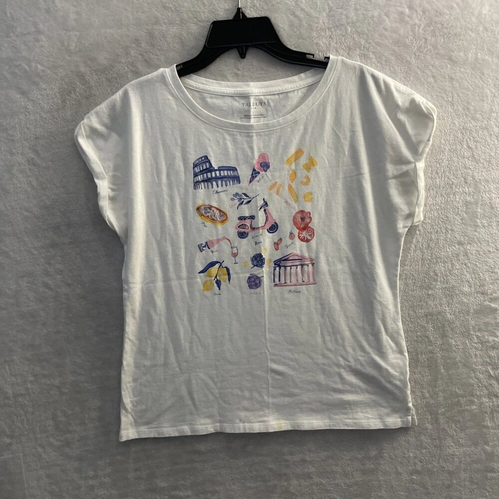 Talbots Womans Blouse Top White Graphic Large Cotton Round Neck Short Sleeve